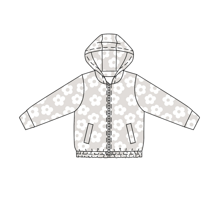 Baby Girls Light Grey Flowers Yoga Active Zipper Pockets Hoodie Top Preorder