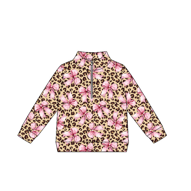 Baby Girls Long Sleeve Leopard Pink Bows Zipper Pullovers Top Preorder
