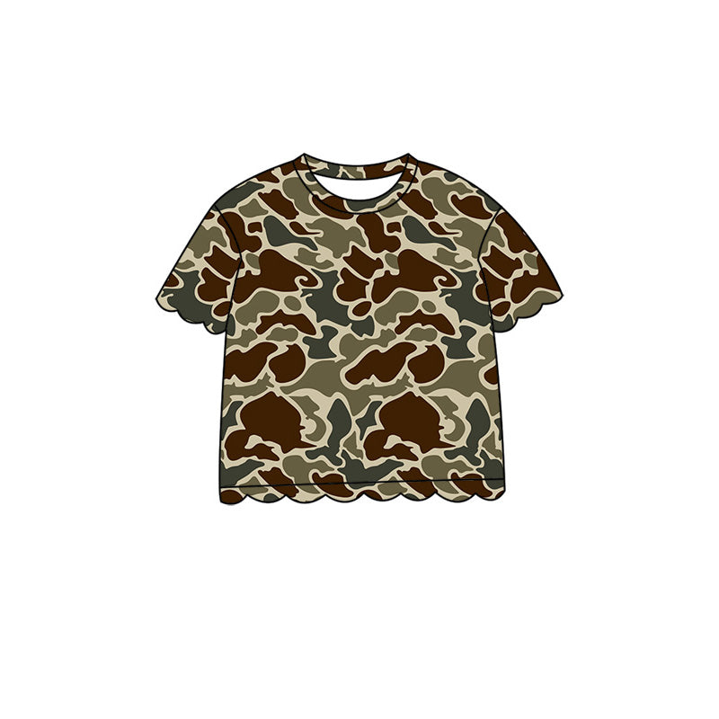 Baby Girls Short Sleeve Southern Dark Khaki Camo Scallop T-shirts Top Preorder