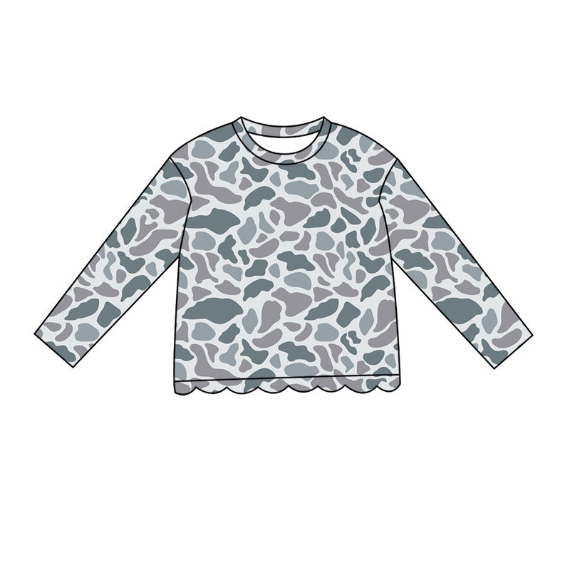 Baby Girls Long Sleeve Southern Light Grey Camo Scallop T-shirts Top Preorder