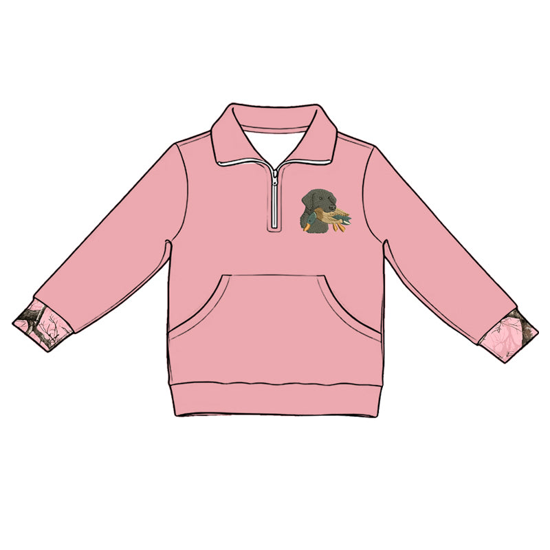 Baby Girls Pink Long Sleeve Dog Ducks Zip Pocket Hunting Pullovers Top Preorder