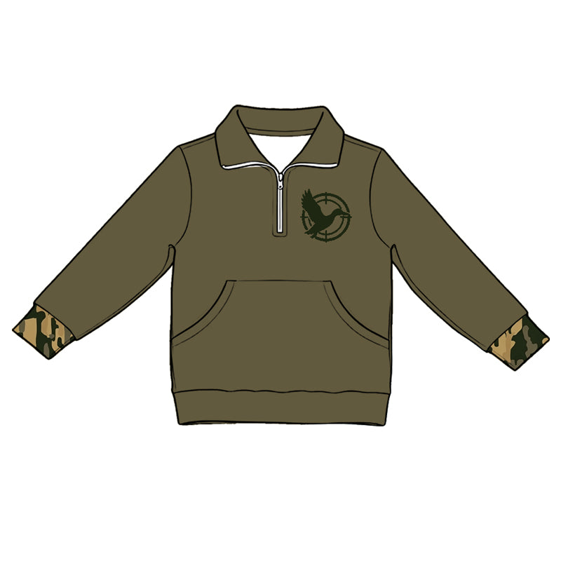 Baby Girls Olive Long Sleeve Ducks Zip Pocket Hunting Pullovers Top Preorder