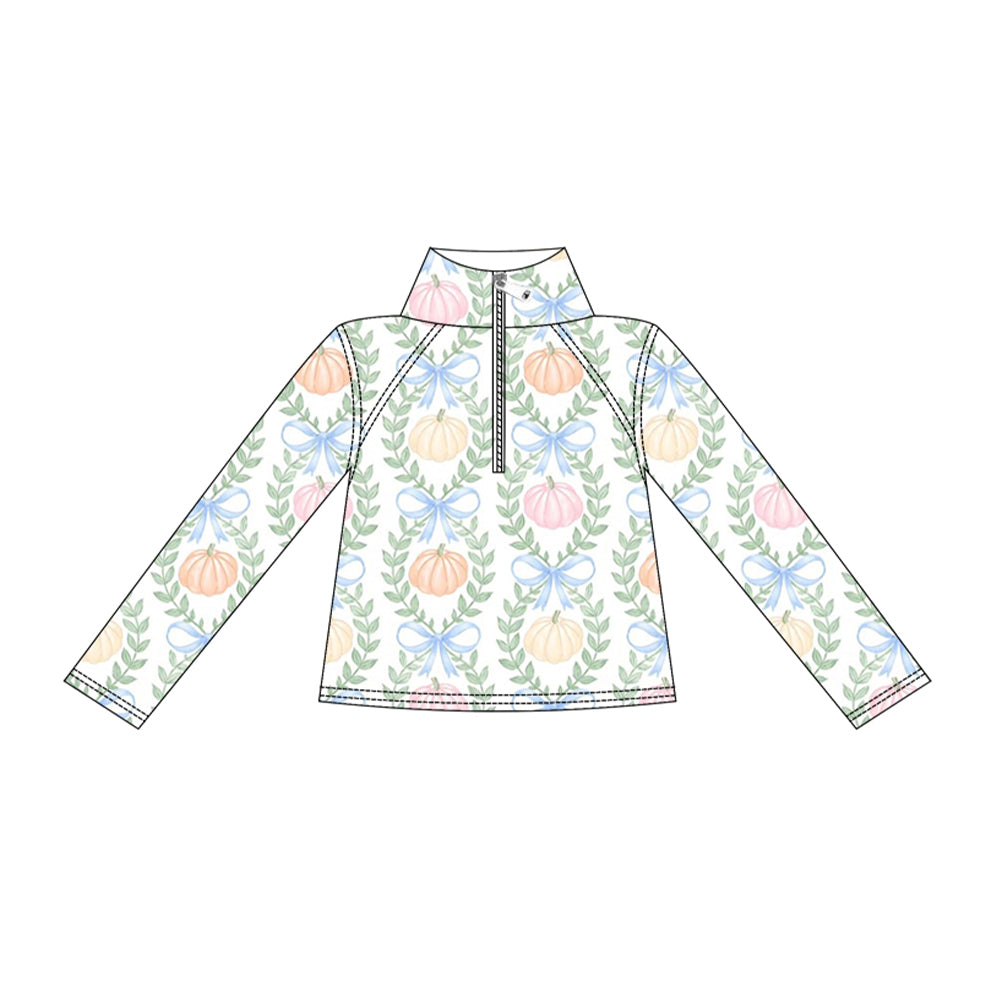 Baby Girls Colorful Pumpkins Bows Checked Fall Yoga Active Zip Pullovers Top Preorder
