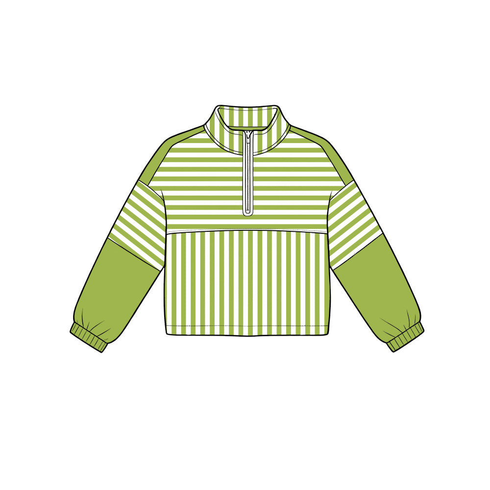 Preorder moq 5 Baby Girls Green Stripe Yoga Active Zip Pullovers Top
