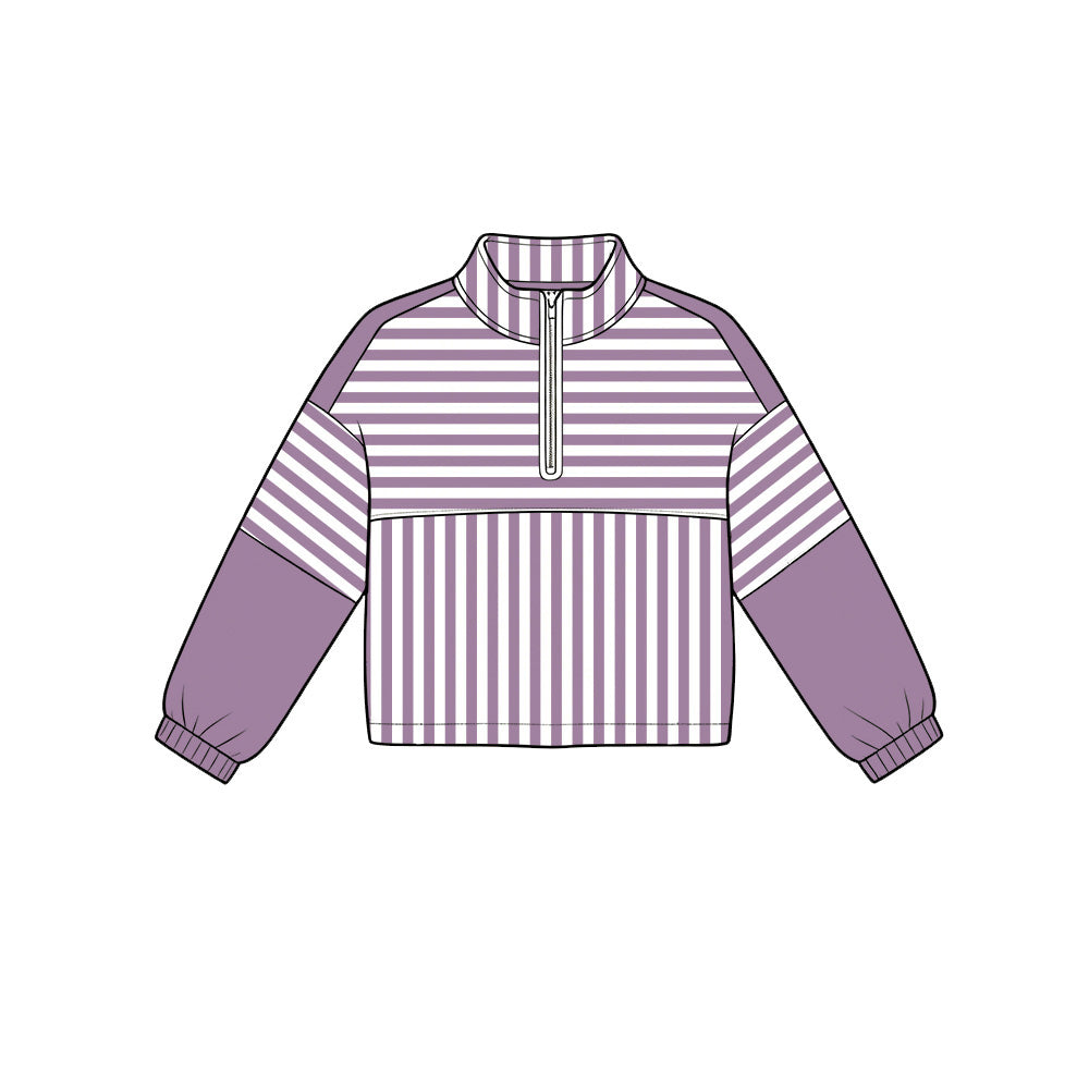 Preorder moq 5 Baby Girls Purple Stripe Yoga Active Zip Pullovers Top