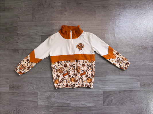 Baby Girls Turkey Bows Pumpkins Thanksgiving Zip Pullovers Top Preorder