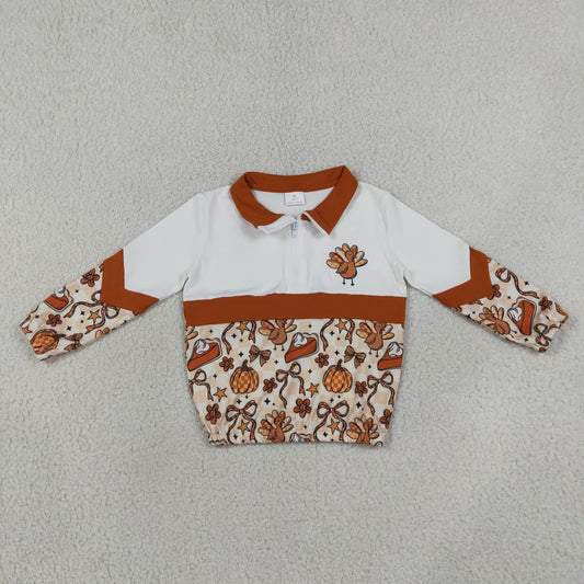 Baby Girls Turkey Bows Pumpkins Thanksgiving Zip Pullovers Top