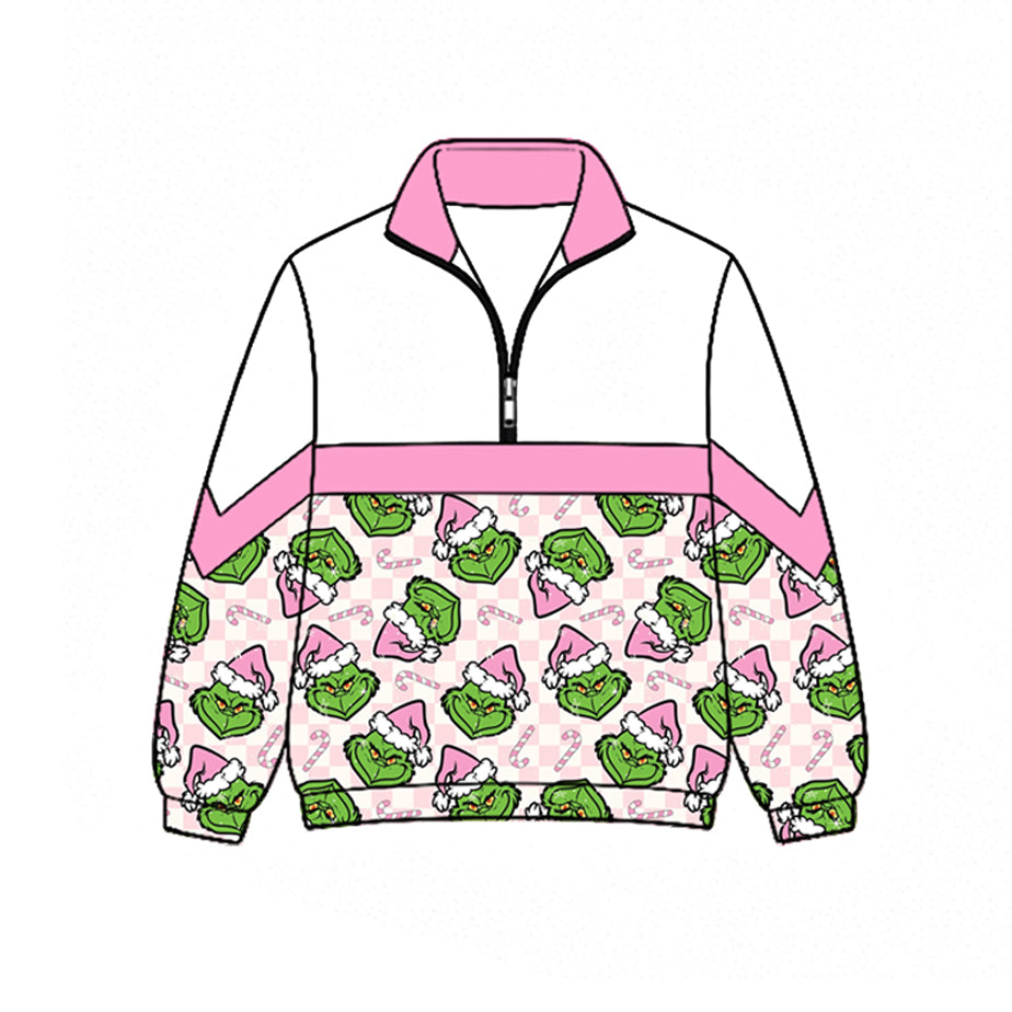Preorder moq 5 Baby Girls Green Frogs Candy Cane Christmas Zip Pullovers Top