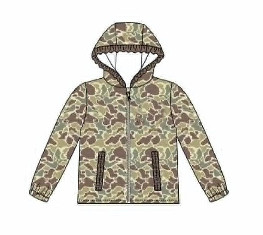Preorder moq 5 Baby Girls Long Sleeve Khaki Camo Zip Pockets Ruffle Hoodies Top