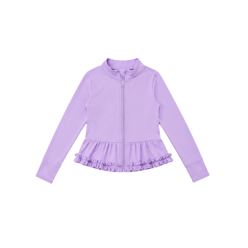 Preorder moq 5 Baby Girls Purple Yoga Active Pocket Zip Ruffle Jackets Tops
