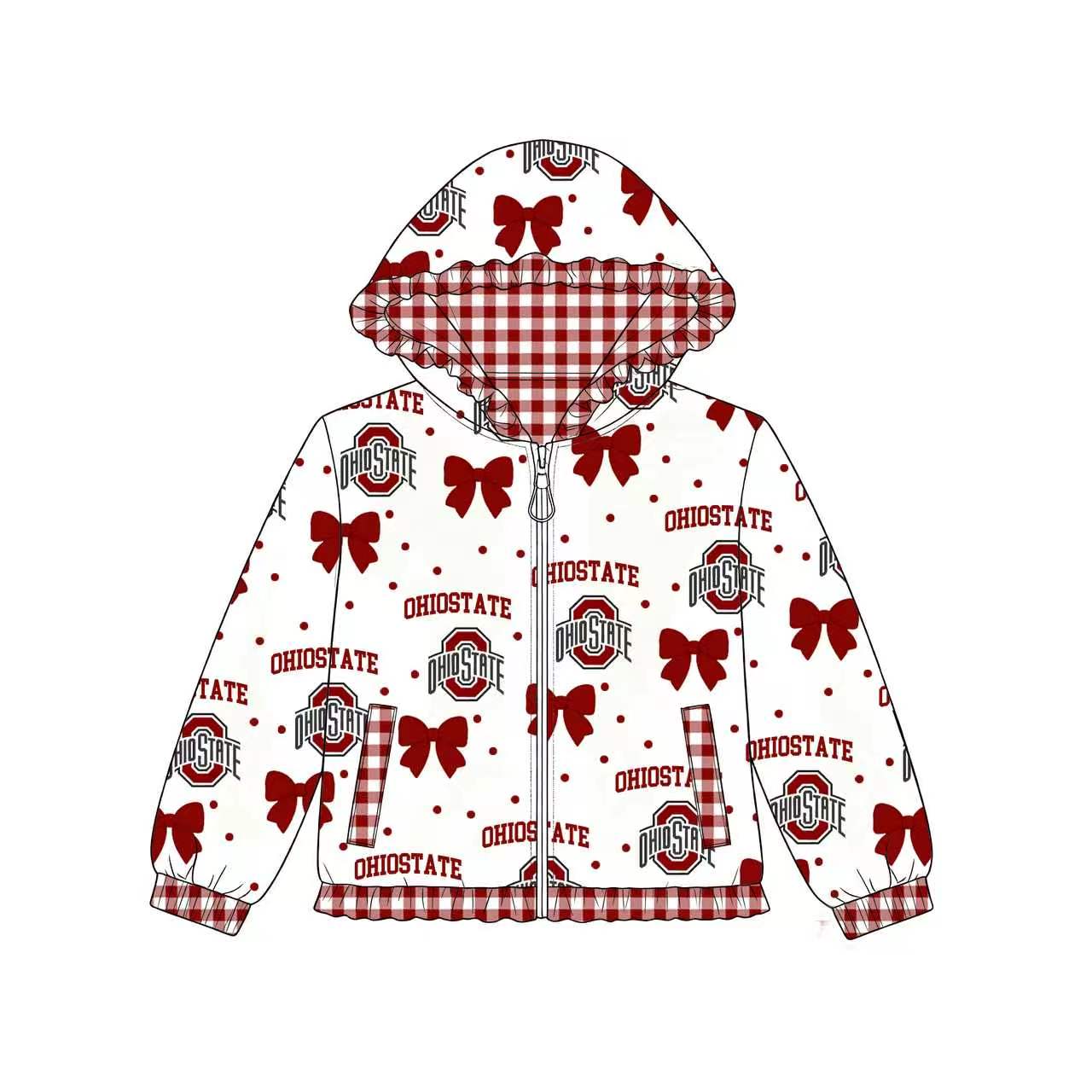 Preorder moq 5 Baby Girls Bows Ohio State Pockets Zip Team Ruffle HoodieJackets Top