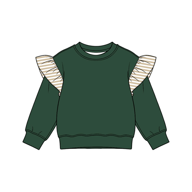 Preorder moq 5 Baby Girls Green Stripe Long Flutter Sleeve T-shirts Top