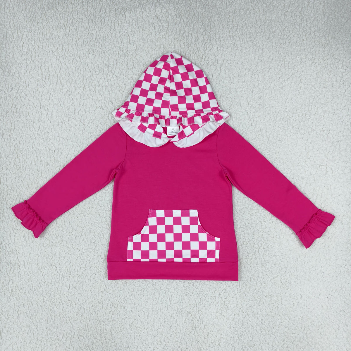 Baby Girls Long Sleeve Hot Pink Checked Pocket Ruffle Hoodies Top