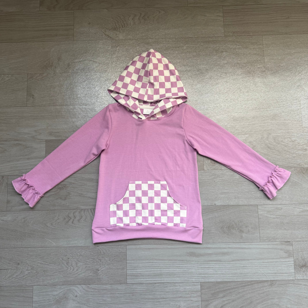 Baby Girls Long Ruffle Sleeve Lavender Checked Pocket Hoodies Top