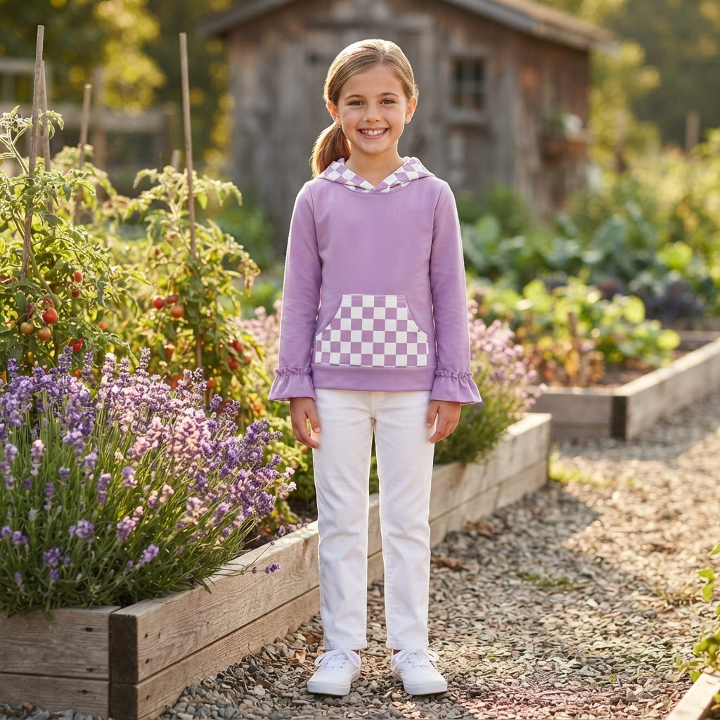 Baby Girls Long Ruffle Sleeve Lavender Checked Pocket Hoodies Top
