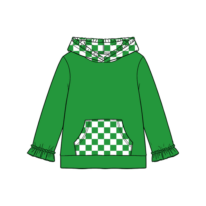 Preorder moq 5 Baby Girls Green Checked Pocket Ruffle Hoodies Top