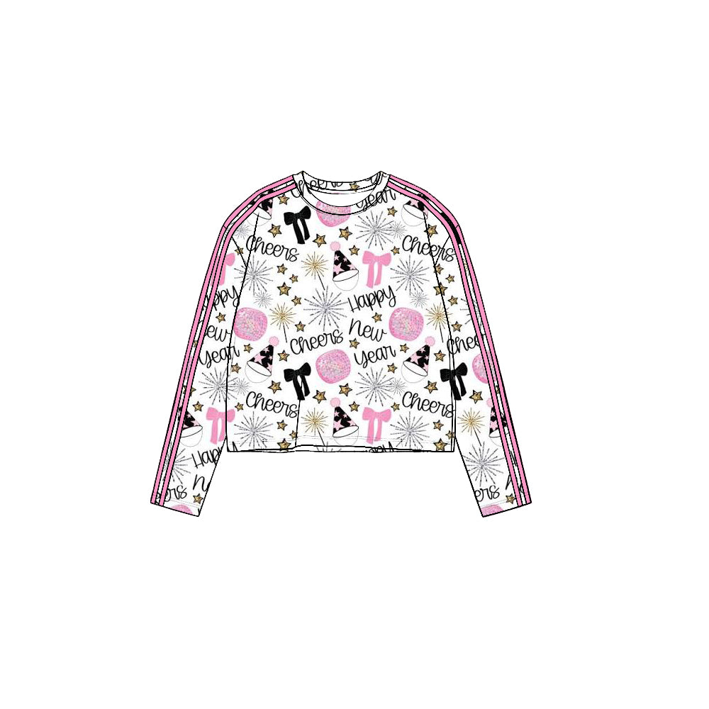 Preorder moq 5 Baby Girls Fireworks Cheers Yoga Active Happy New Year T-shirts Top