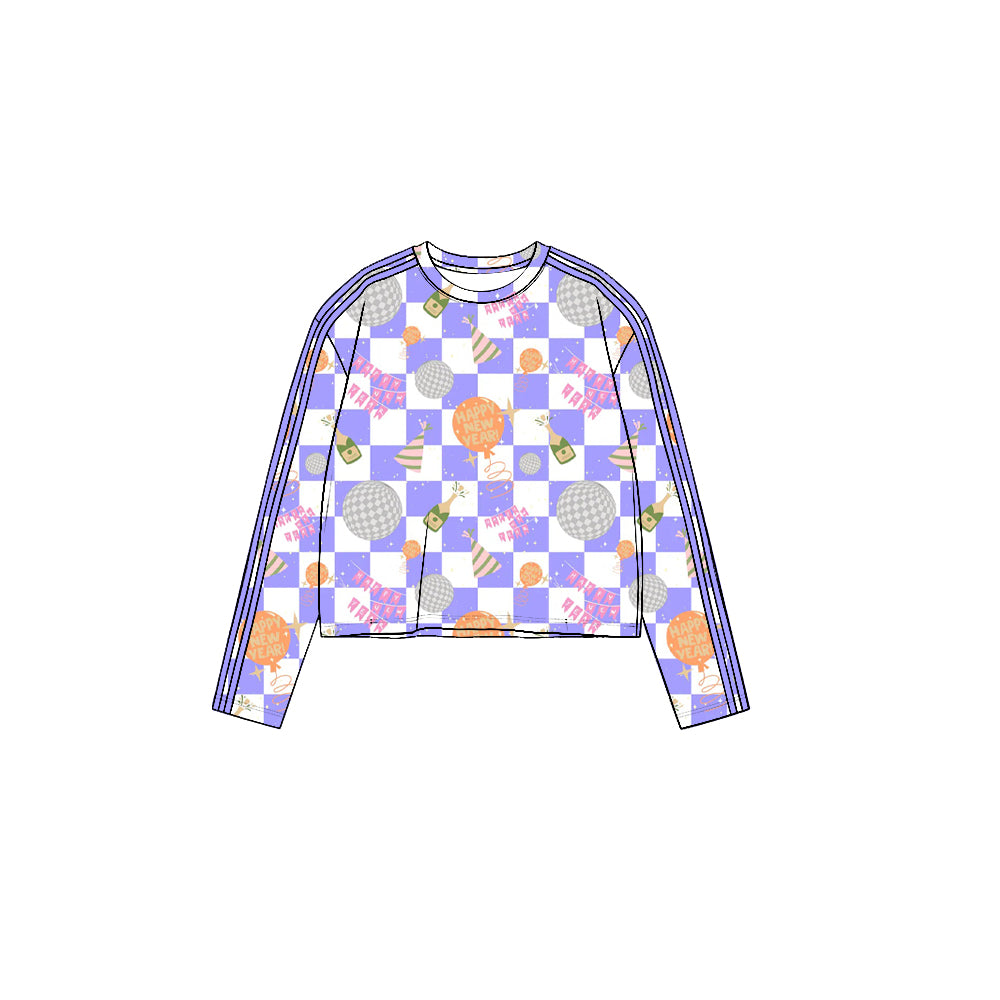 Preorder moq 5 Baby Girls Lavender Checked Balloons Yoga Active Happy New Year T-shirts Top