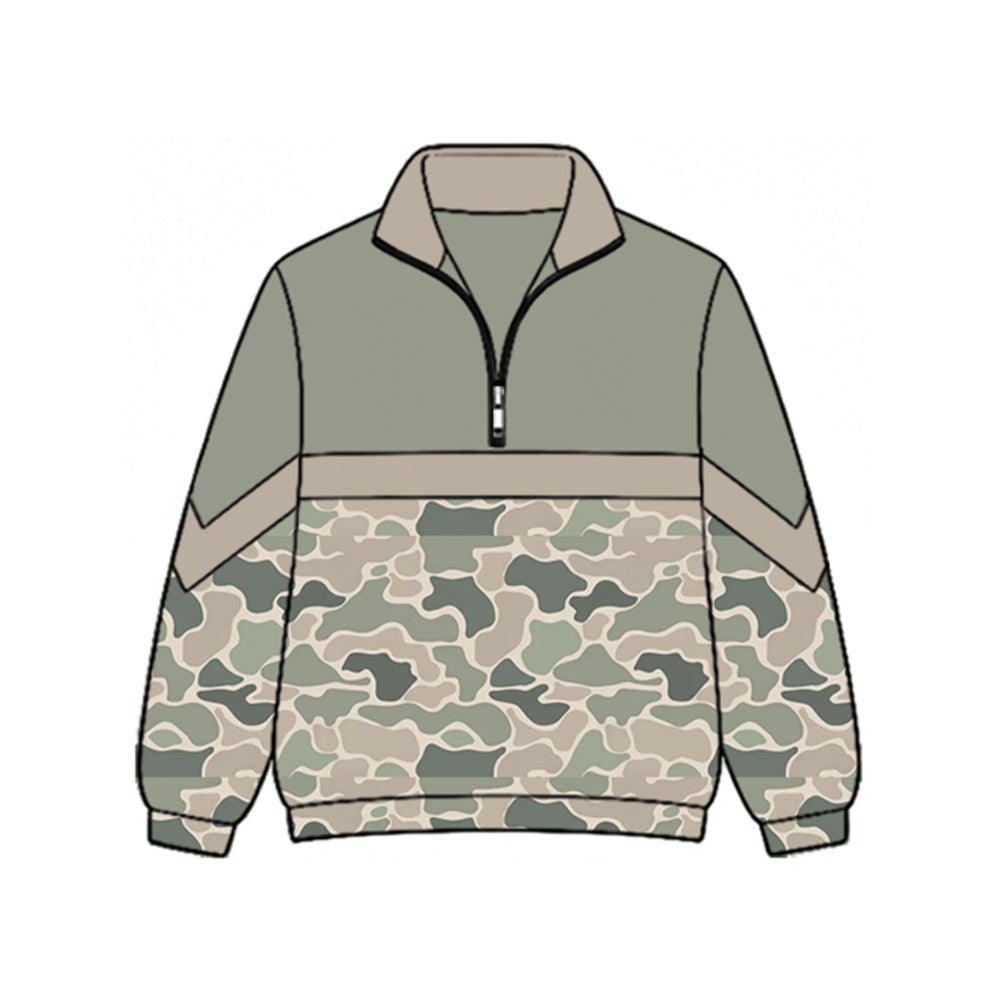 Preorder moq 5 Baby Girls Long Sleeve Green Khaki Camo Zip Pullovers Top