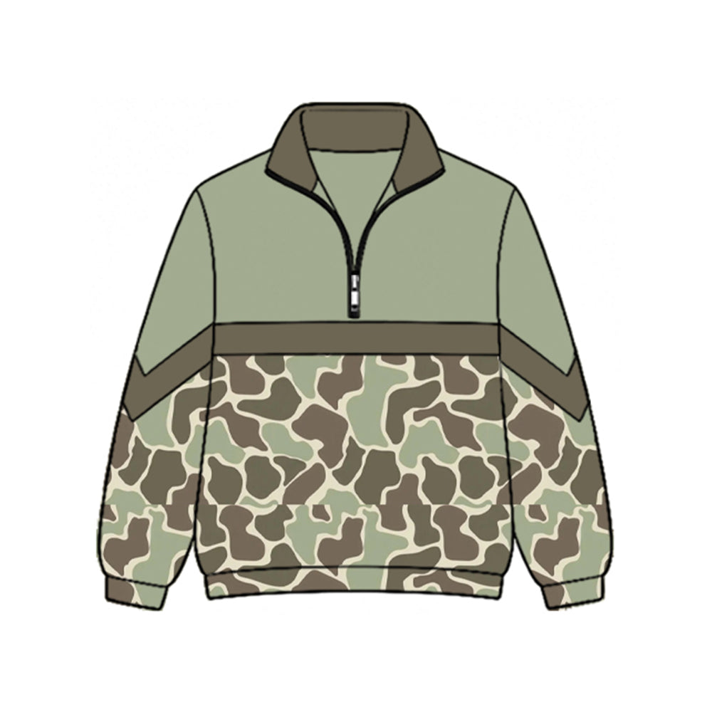 Preorder moq 5 Baby Girls Long Sleeve Green Olive Camo Zip Pullovers Top