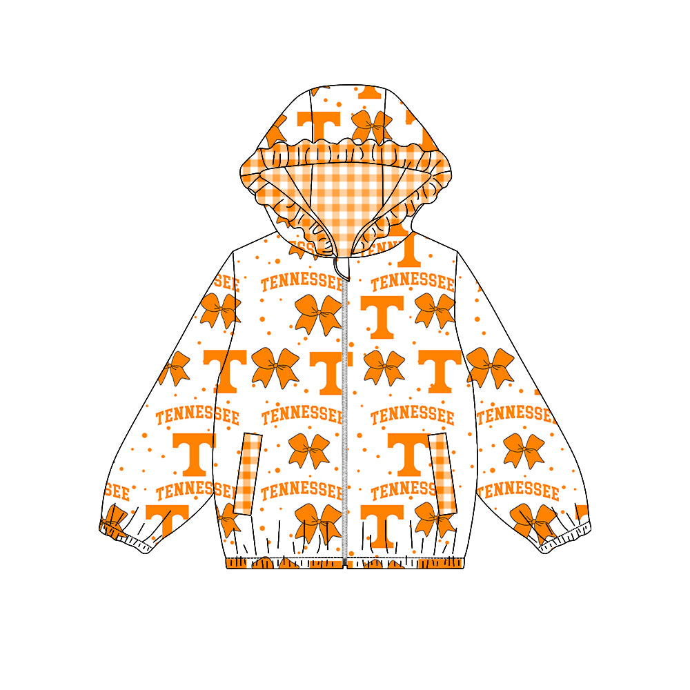 Preorder moq 5 Baby Girls Bows Tennessee Team Ruffle Hoodie Pockets Zip Jackets Top