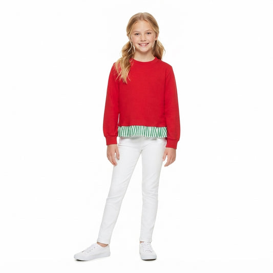 Baby Girls Red Green Stripe Long Sleeve Ruffle T-shirts Top