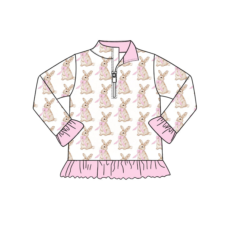 Preorder moq 5 Baby Girls Easter Rabbits Pink Ruffle Zip Pullovers Tops
