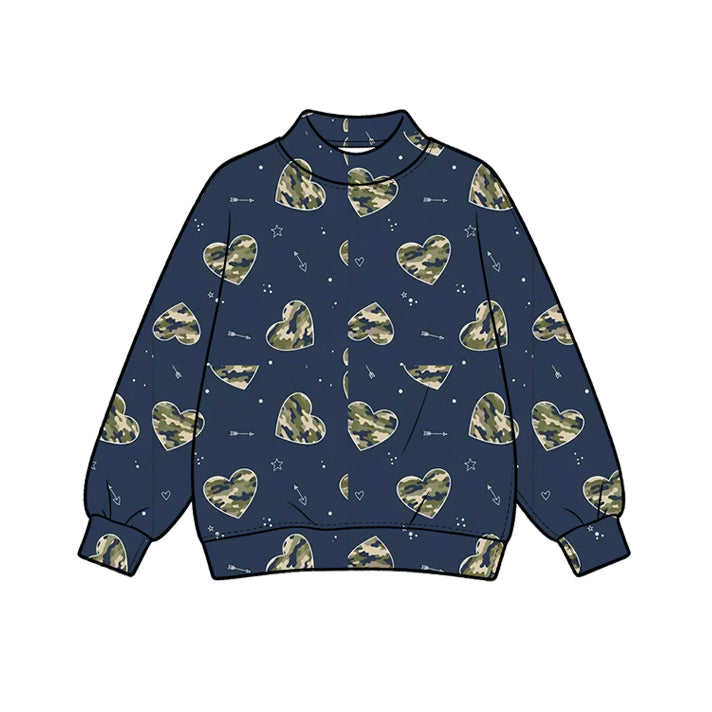 Preorder moq 5 Baby Girls Navy Long Sleeve Camo Hearts Valentines Choker T-shirts Top