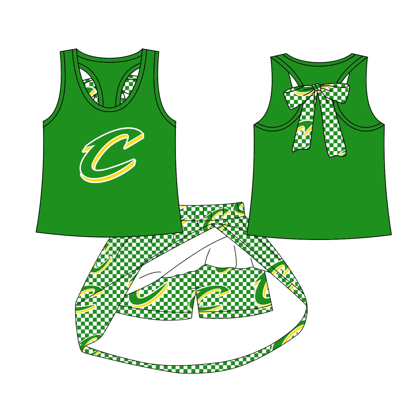 Preorder (moq 5)Baby Girls Green vest team Top Skirt Skort Sets