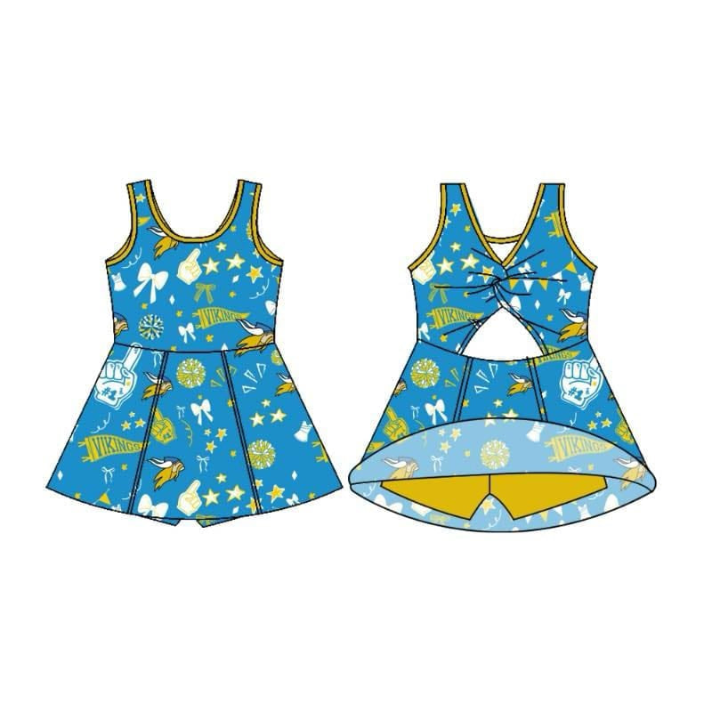 Preorder (moq 5)Baby Girls Sleeveless Vikings Bows Football Team Shorts Dresses