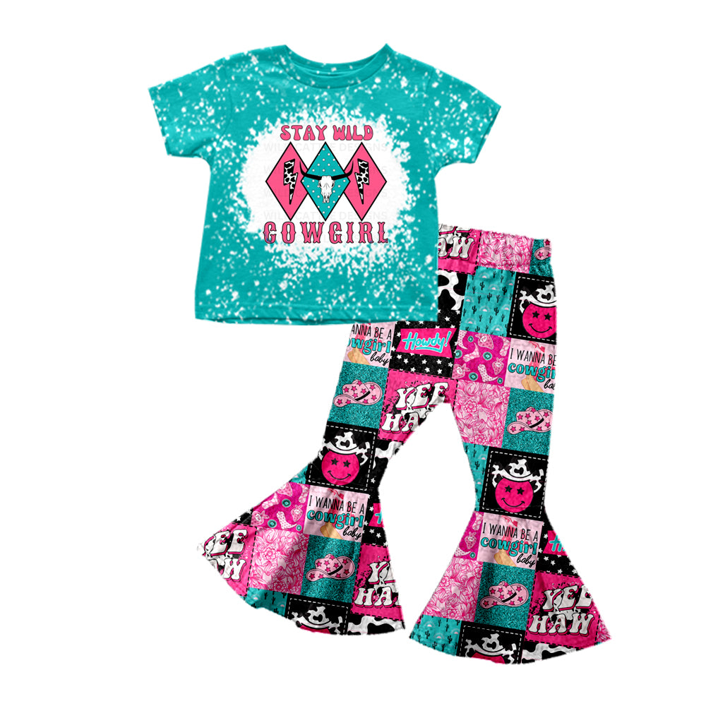 Baby Girls Stay Wild Cowgirl Short Sleeve Tee Shirt Bell Pants Clothing Sets Preorder(moq 5)