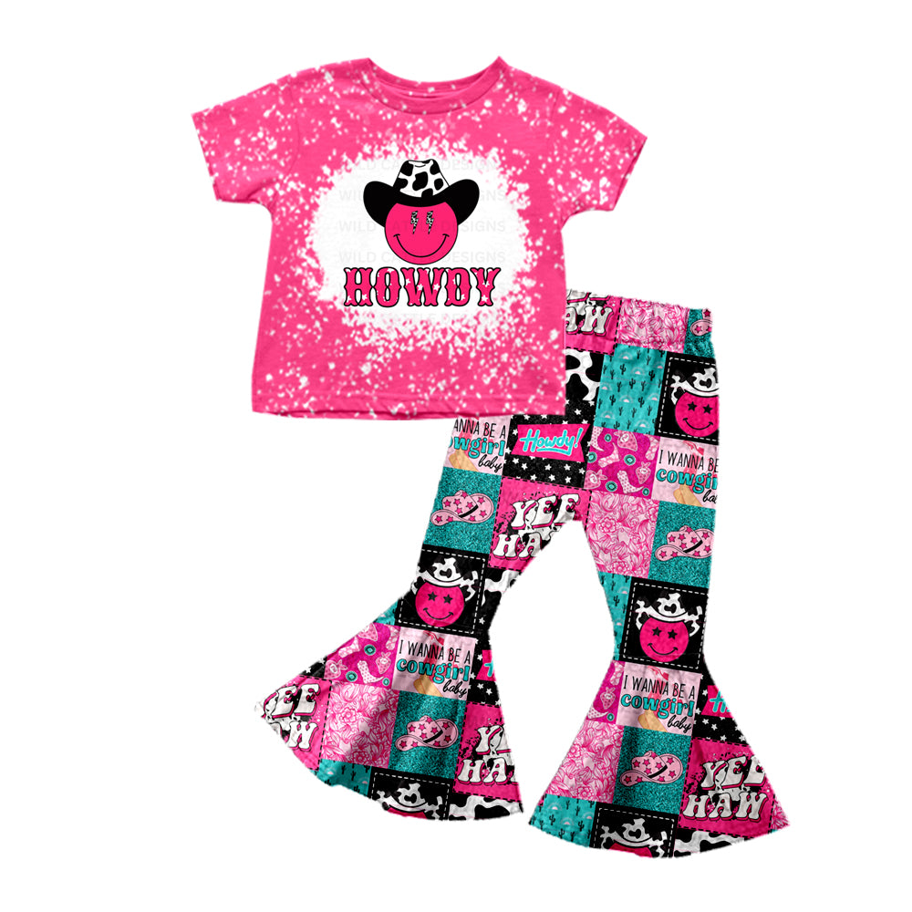 Baby Girls Western Howdy Short Sleeve Tee Shirt Bell Pants Clothing Sets Preorder(moq 5)