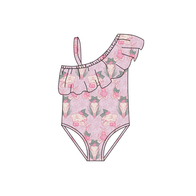Baby Girls Pink Western Cows Flowers One Piece Swimsuits preorder(moq 5)