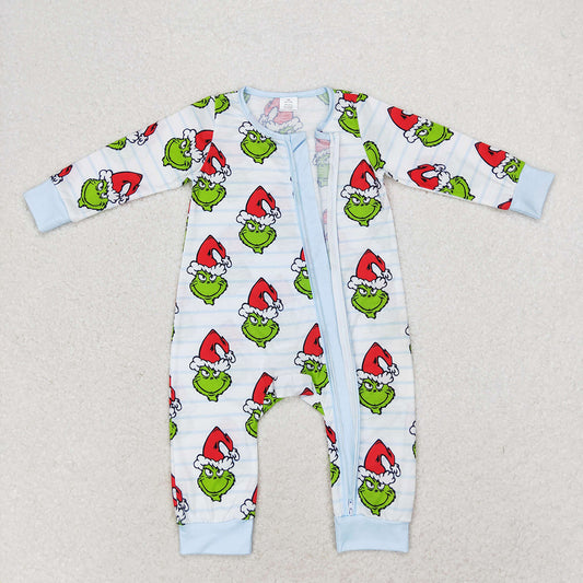 Baby Infant Boys Green Face Long Sleeve Bamboo Zip Rompers
