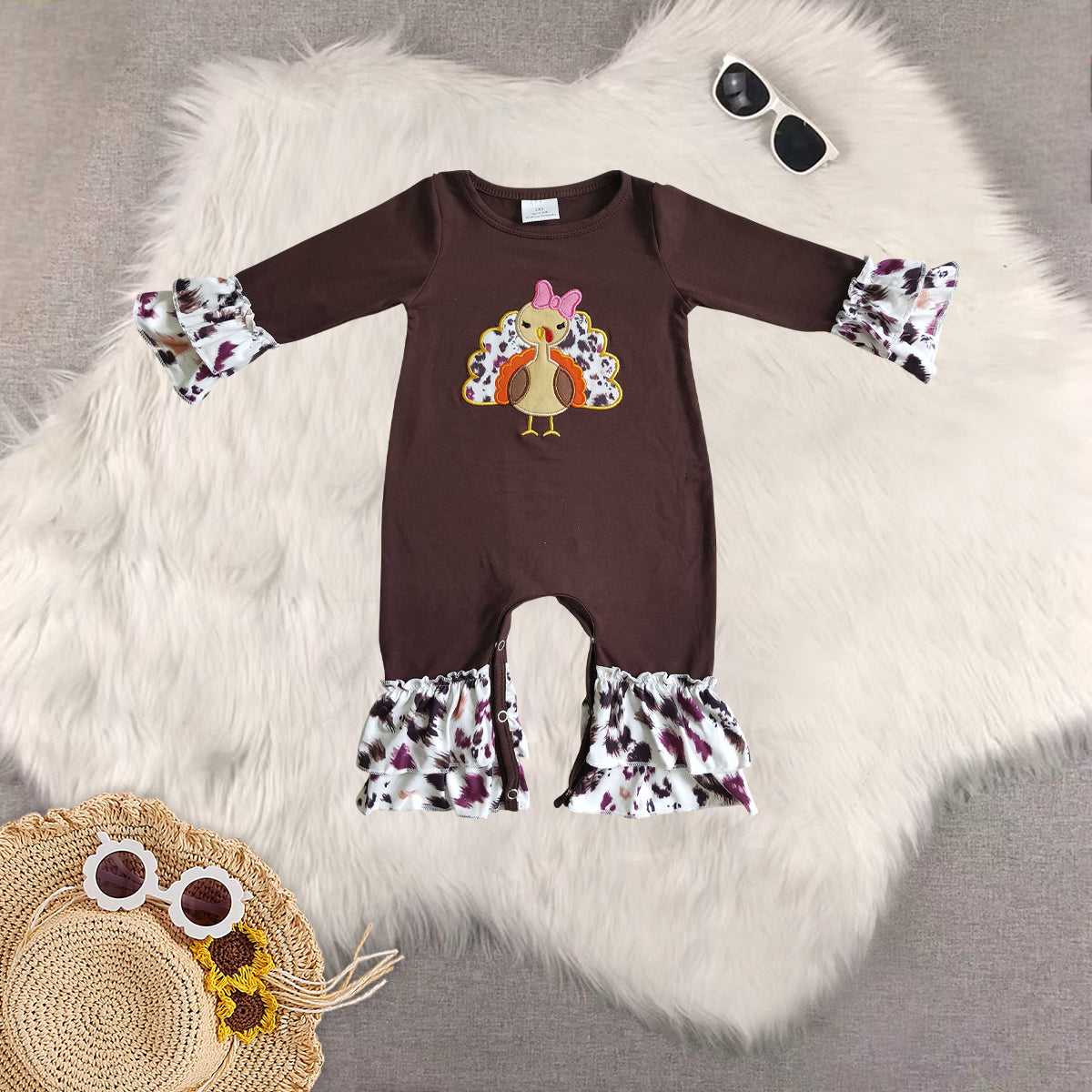 Sibling Baby Girls Brown Long Sleeves Turkey Tunic Ruffle Leopard Pant Sets Romper