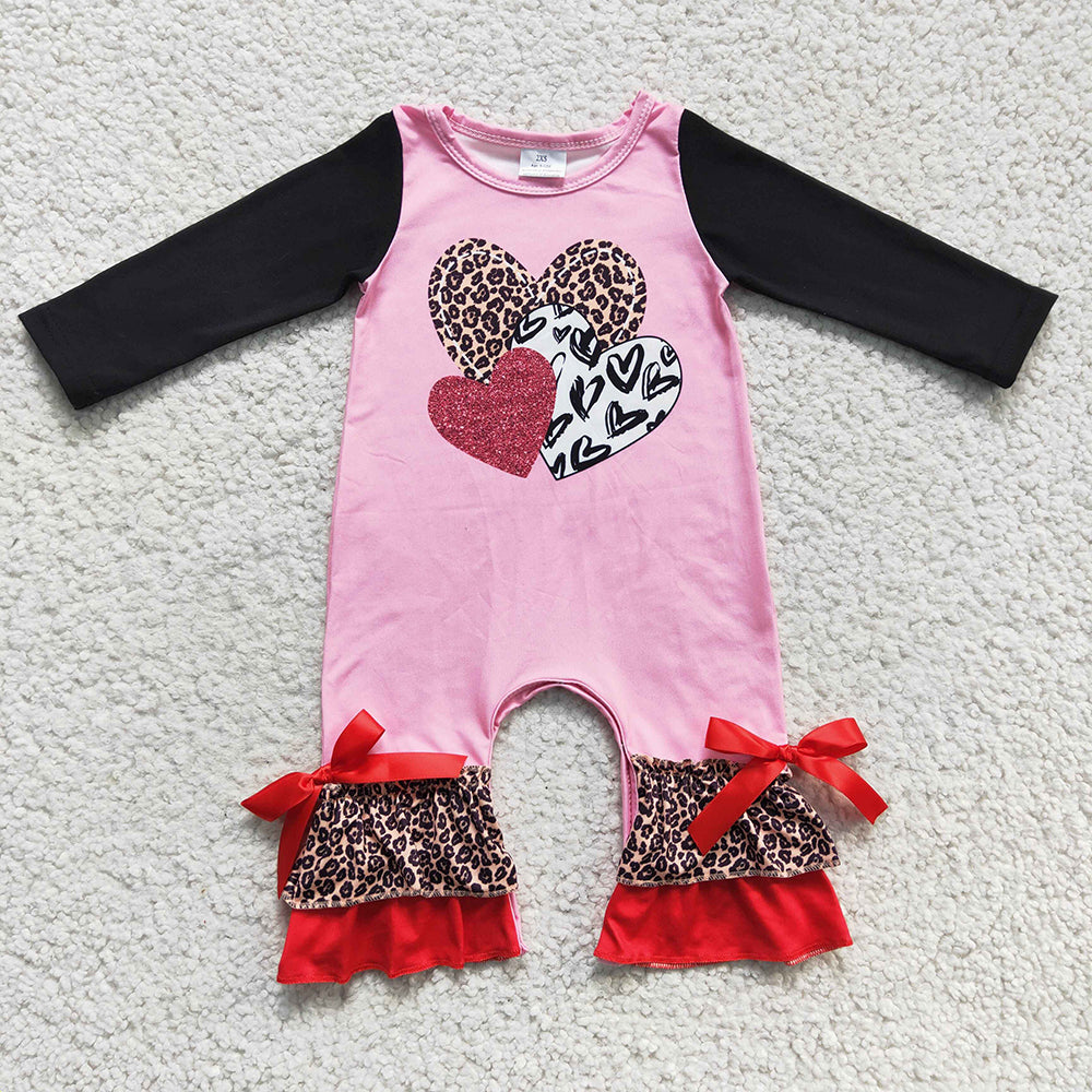 Sibling Baby Girls Leopard Hearts Tunic Ruffle Pants Valentines Clothes Set Footie Rompers