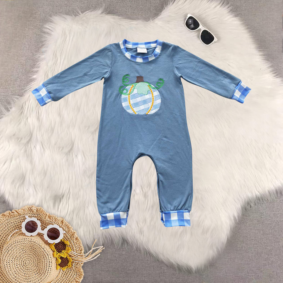 Sibling Baby Kids Blue Long Sleeves Pumpkin Fall Pants Clothes Sets Rompers