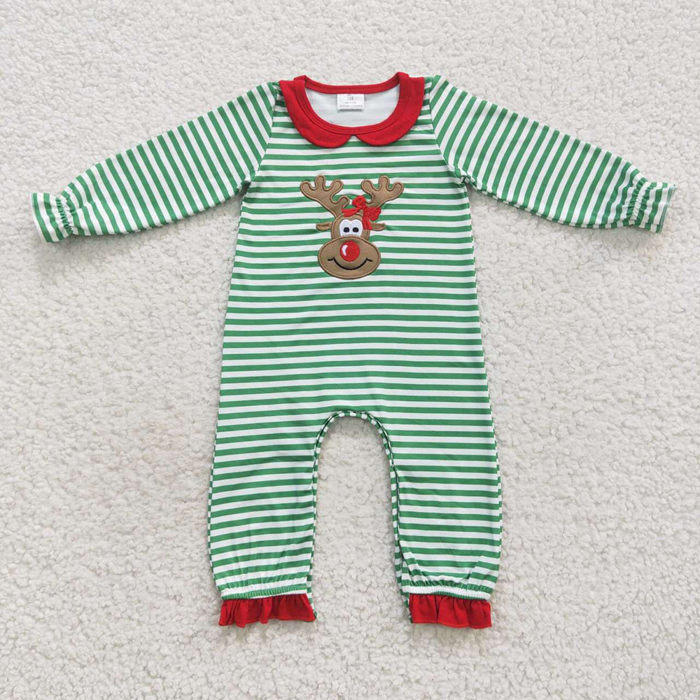 Sibling Baby Kids Christmas Embroidery Deer Stripe Clothes Sets Rompers Dresses