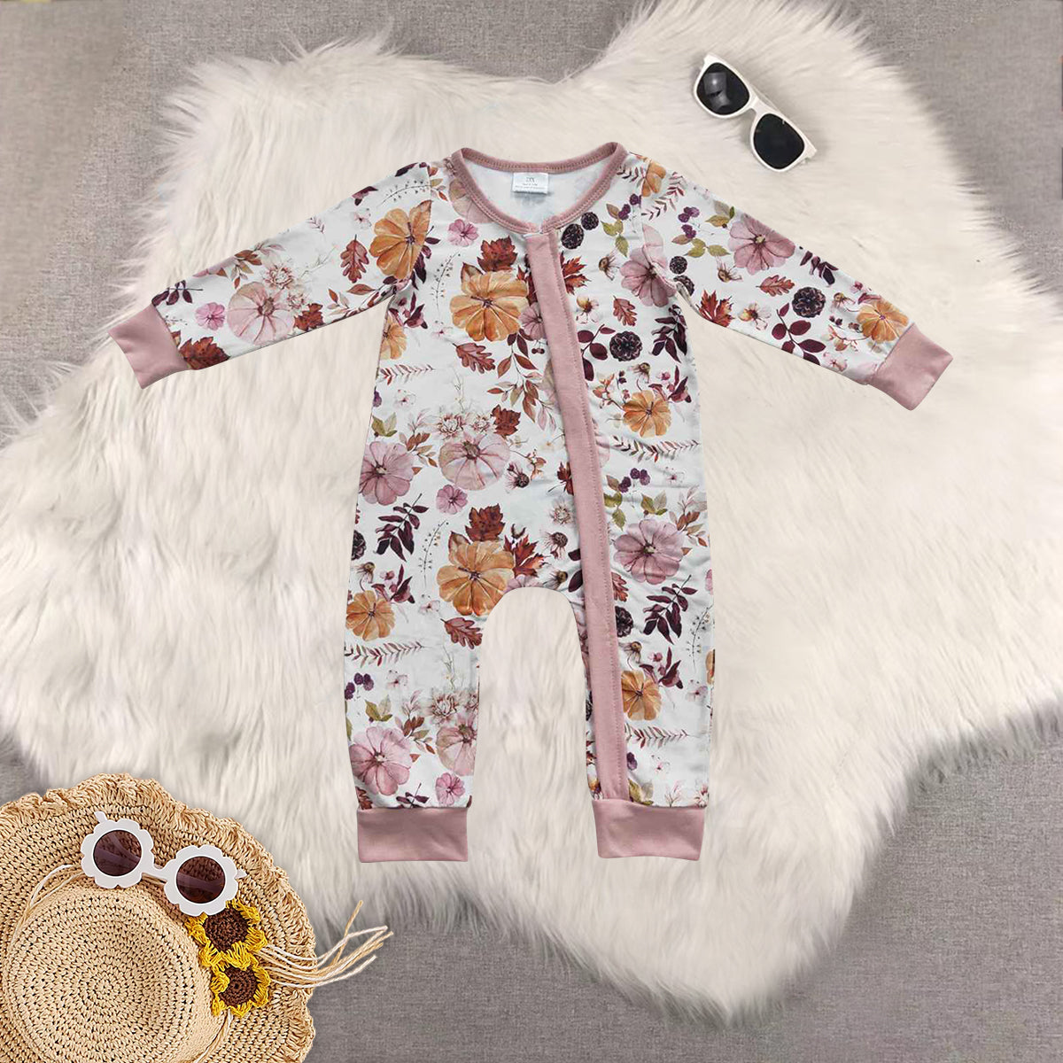 Sibling Baby Girls Long Sleeves Lavender Pumpkins Floral Dresses Zipper Rompers