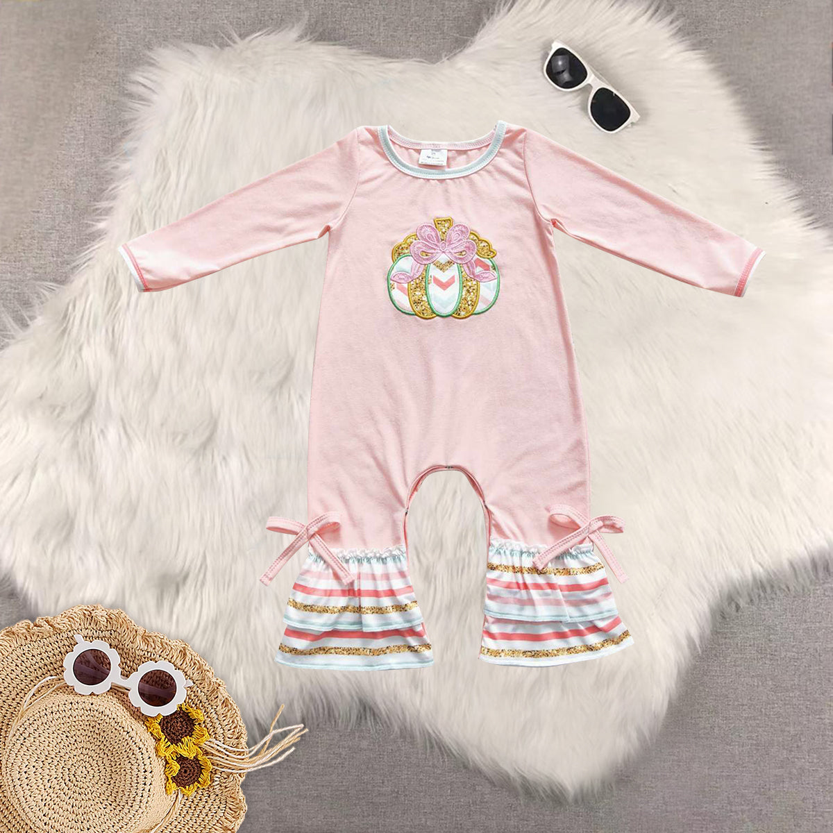 Sibling Baby Girls Light Pink Long Sleeves Floral Pumpkin Tunic Stripe Pant Sets Romper