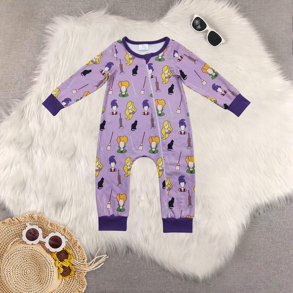 Sibling Baby Girls Halloween Purple Witches Pajamas Clothes Sets Romper