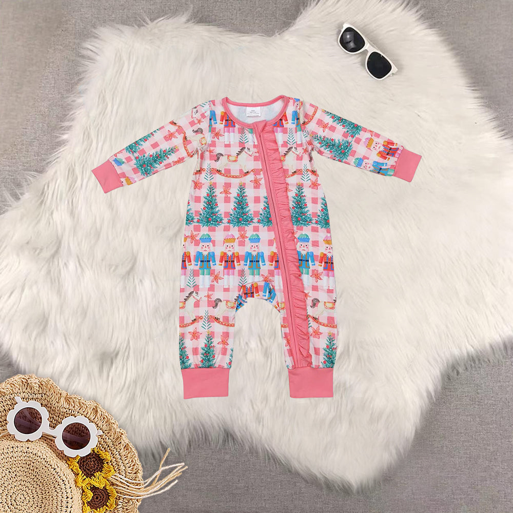 Sibling Baby Girls Pink Christmas Soldier Tree Top Pants Pajamas Clothes Sets Zipper Romper