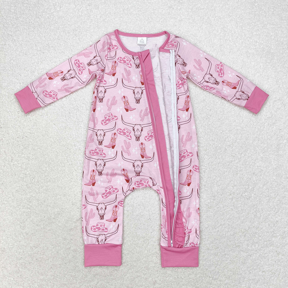 USA Shop Baby Girls Cow Skull Pink Ruffle Zippy Long Sleeve Bamboo Rompers