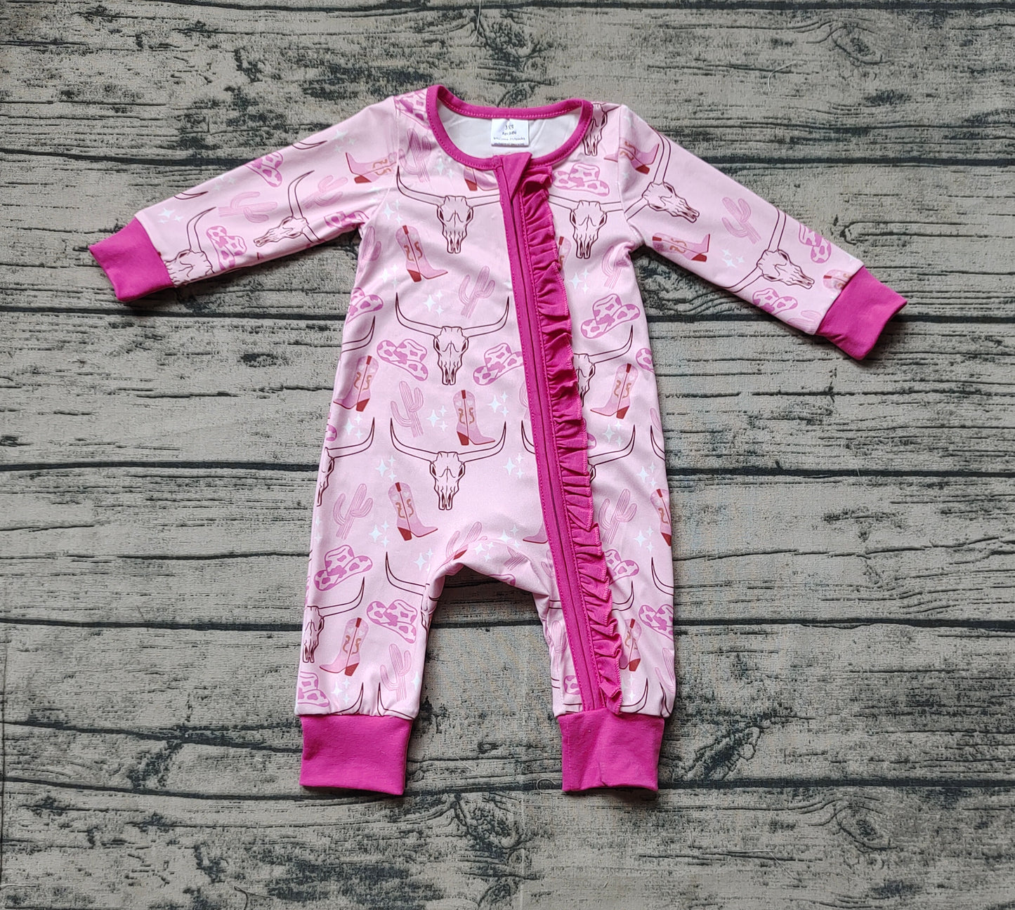 Baby Girls Cow Skull Pink Ruffle Zippy Long Sleeve Bamboo Rompers