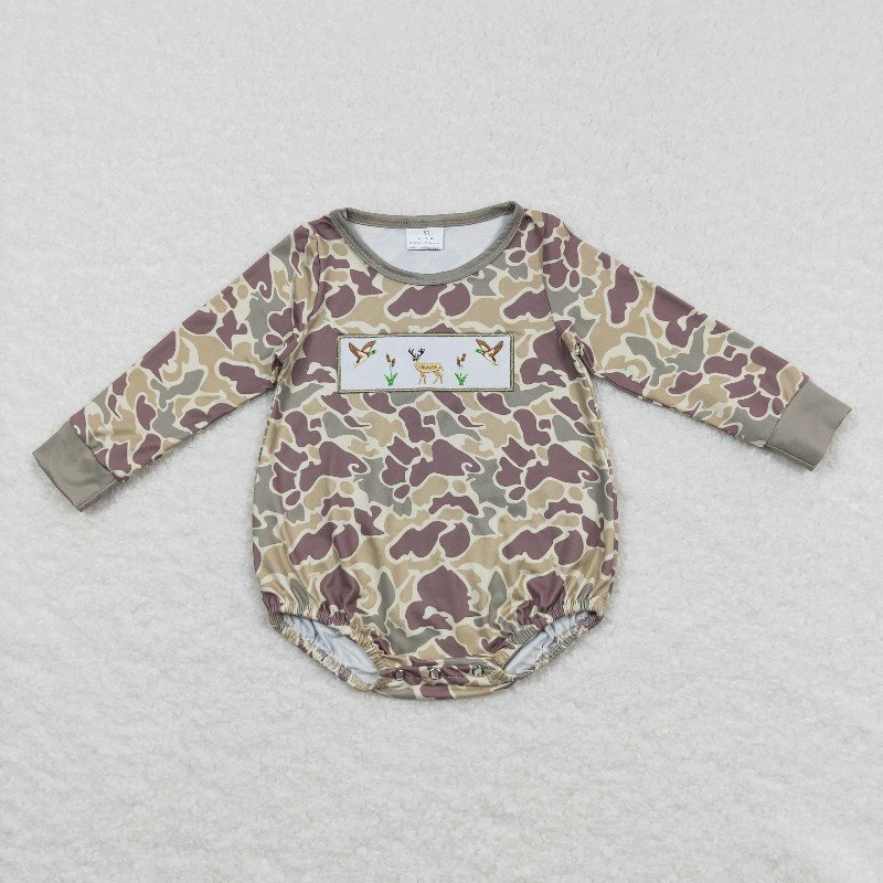 Sibling Baby Boys Embroidery Deer Ducks Top Khaki Camo Pants Hunting Clothes Sets Rompers