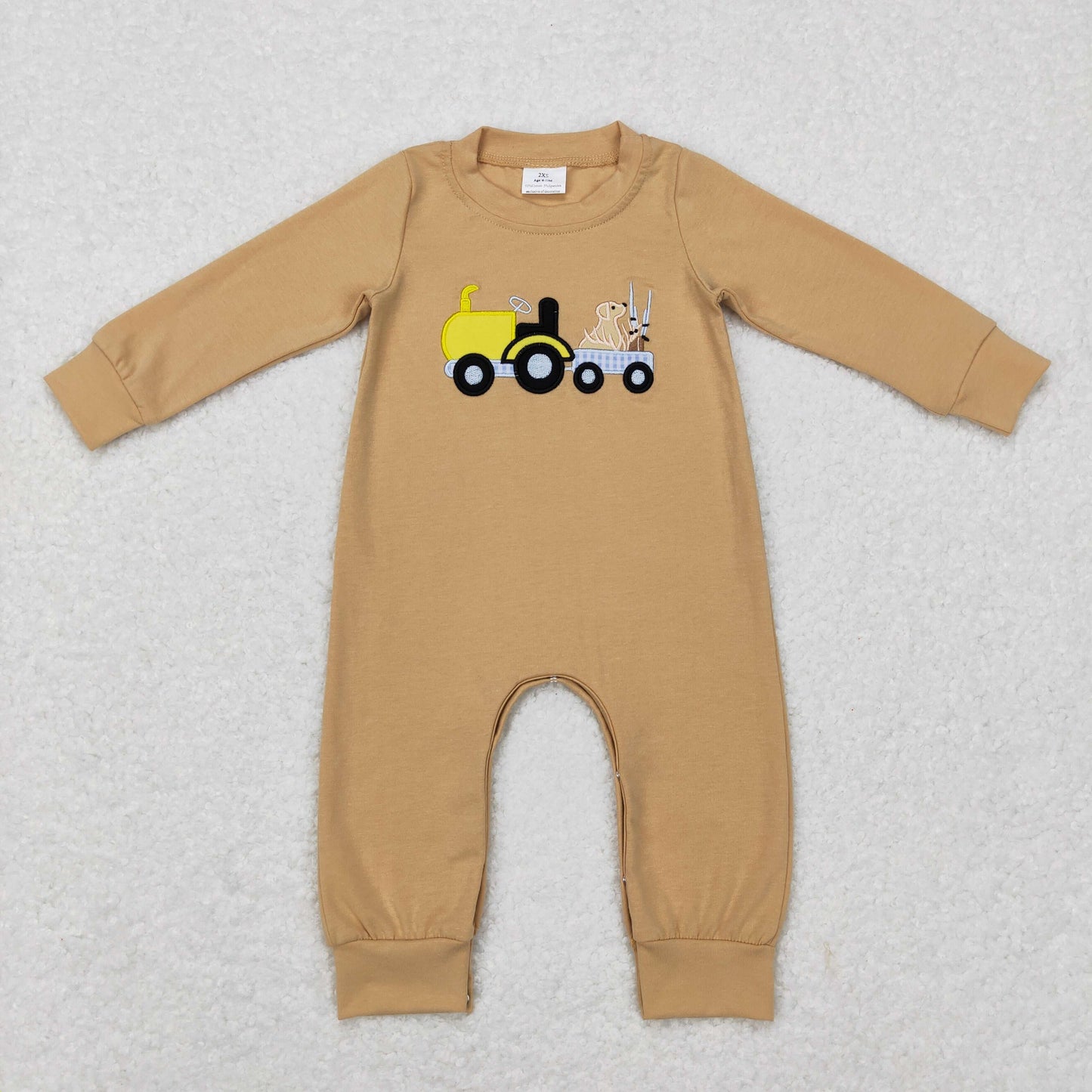 Sibling Embroidery Truck Dogs Baby Boys Khaki Shirt Pants Hunting Clothes Sets Footie Rompers