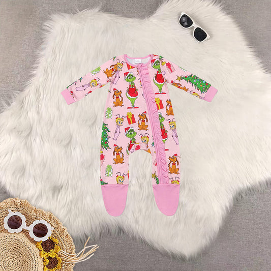 Sibling Baby Girls Christmas Pink Frog Top Bell Bottom Pant Set Zipper Romper