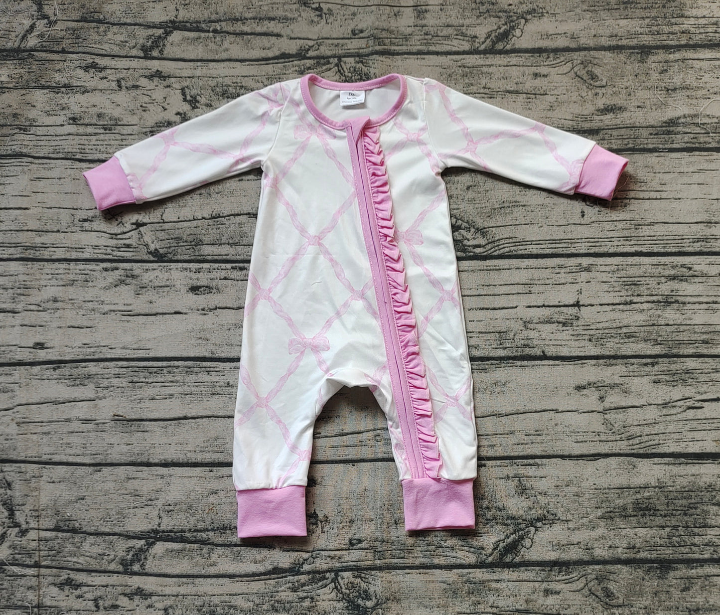 Baby Girls Pink Bows Zip Ruffle Long Sleeve Bamboo Rompers
