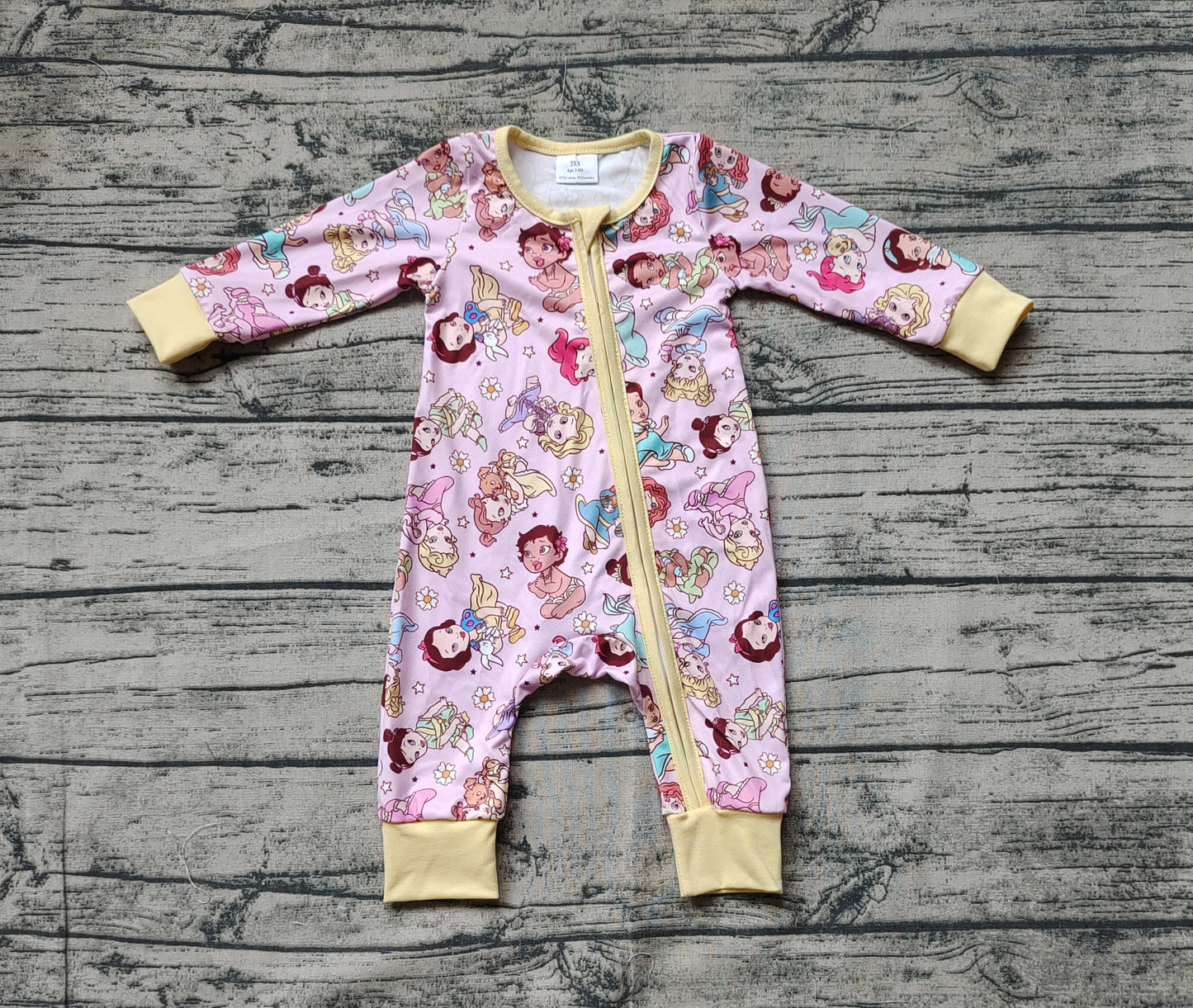 Baby Infant Girls Cartoon Princess Long Sleeve Zip Bamboo Rompers
