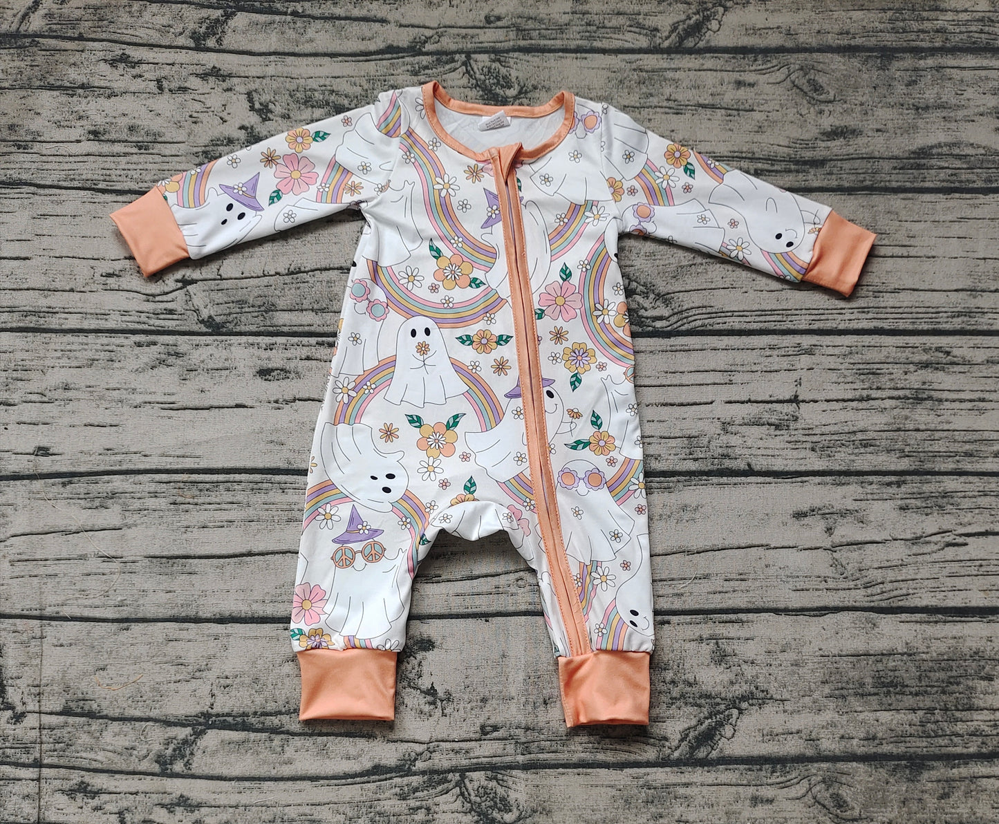 Baby Infant Girls Fall Ghost Rainbow Bamboo Zippy Rompers